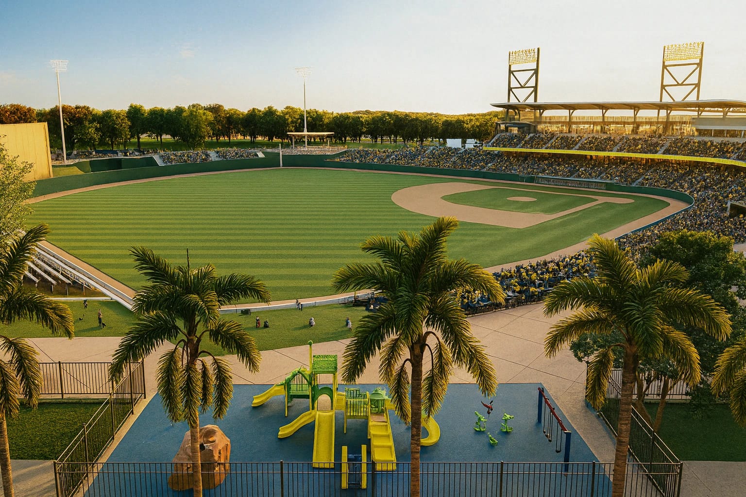 Baseball stadium at sunset